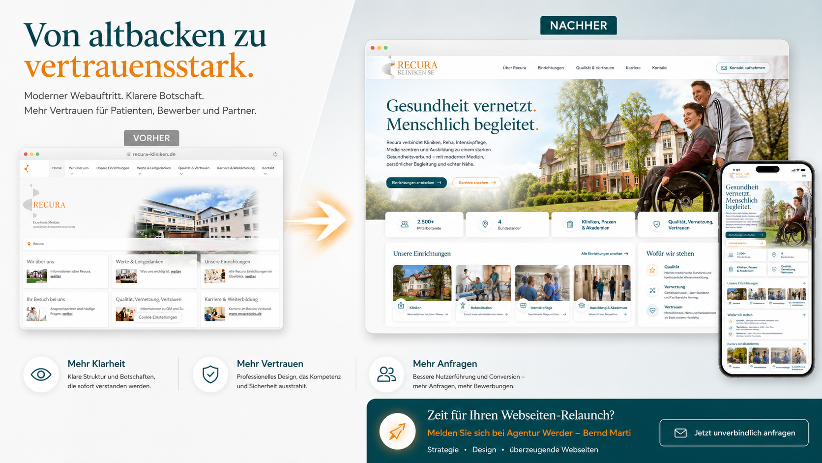 Vorher / Nachher Webseiten-Relaunch Recura Kliniken SE